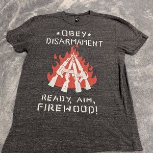 Obey Charcoal Graphic Tee with Red and White Design